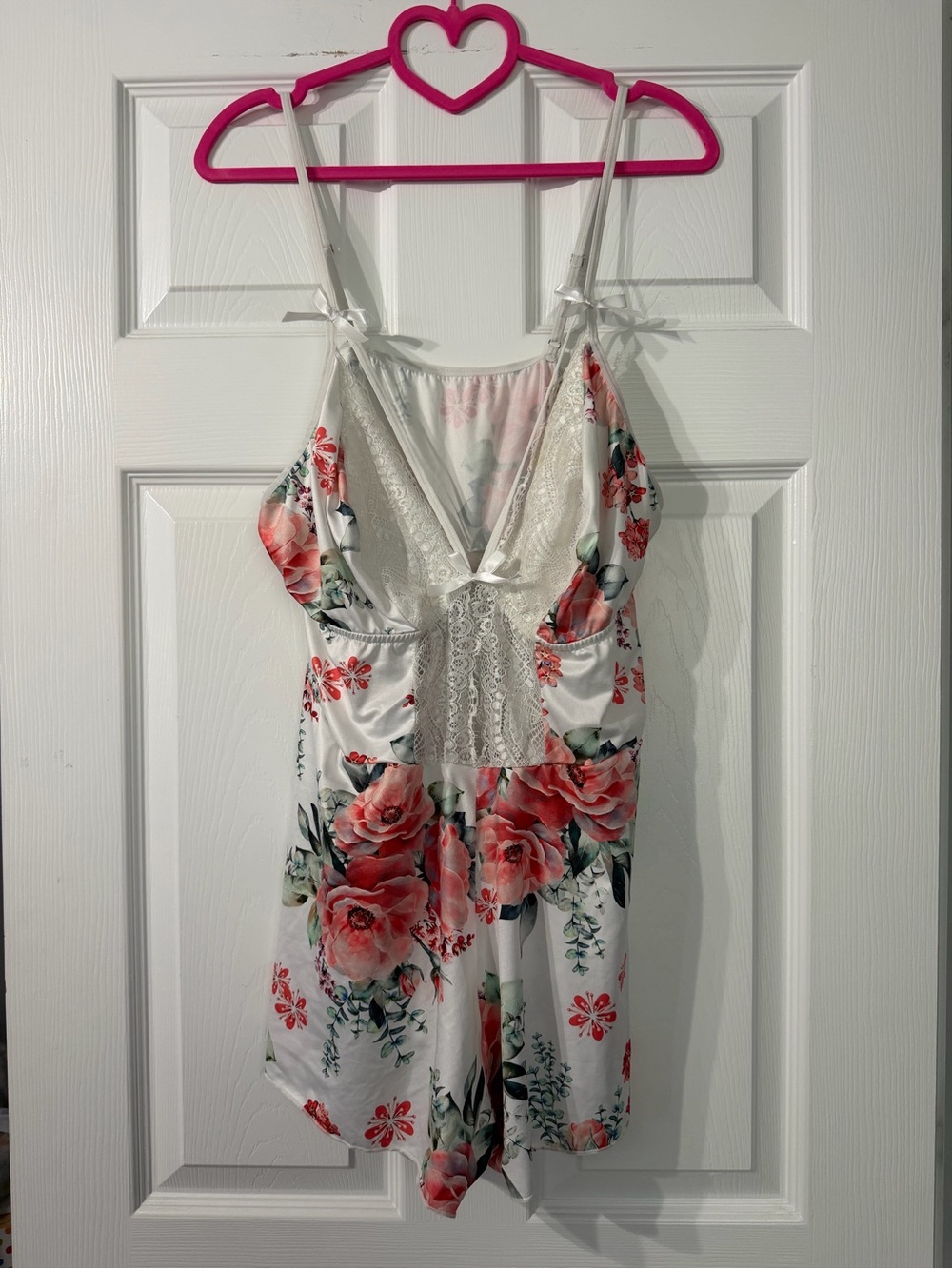 SHEIN Floral Lace-Trim Satin Romper - White with Pink Floral